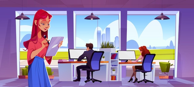 Vetor grátis pessoas que trabalham no escritório da empresa moderna com grandes janelas vector cartoon ilustração de personagens masculinos e femininos ocupados sentados em mesas de computador fazendo anotações em tablet pessoal de negócios no trabalho