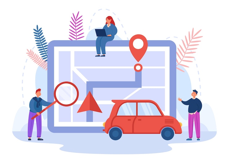 Vetor grátis pessoas que viajam compartilhando transporte usando aplicativo online. pessoas de negócios com mapa da cidade encontrando direção para automóvel, ilustração plana de aluguel de automóveis