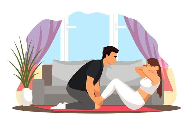 Pessoas se exercitando em casa treino esportivo saudável para ilustração interna de saúde Jovem ajudando mulher treinando no chão fitness ativo e trabalho de ginástica