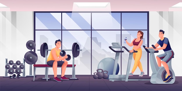 Vetor grátis pessoas se exercitando na sala de ginástica com equipamentos esportivos para exercícios mulher e homens treinando em bicicleta de esteira levantando halteres estilo de vida saudável