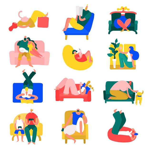 Pessoas, tempo livre, repouso, repouso, poses, coleção de ícones coloridos com relaxamento em posição de ioga isolada.