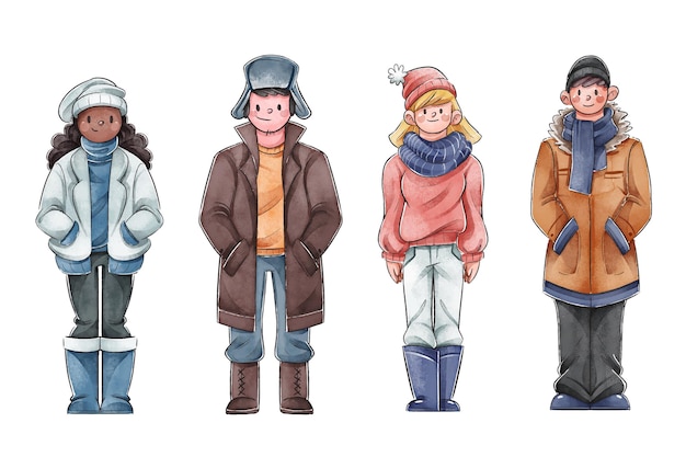 Vetor grátis pessoas vestindo roupas de inverno aconchegantes
