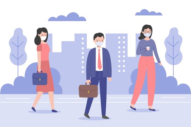 Pessoas voltando ao trabalho enquanto usavam coleção de máscaras