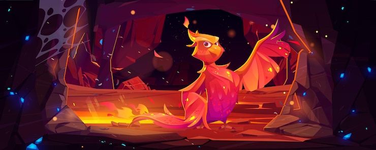 Vetor grátis phoenix, personagem de desenho animado de pássaro de fogo fenix na caverna