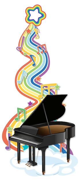 Piano com símbolos de melodia na onda do arco-íris
