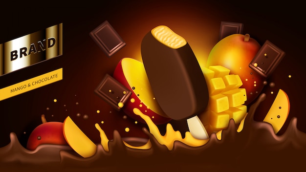Picolé de chocolate com banner de anúncio de sabor de manga