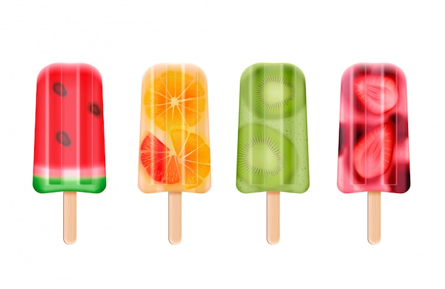 Picolés de frutas sorvete conjunto realista de imagens de confeiteiro de vara congelada isolado no branco