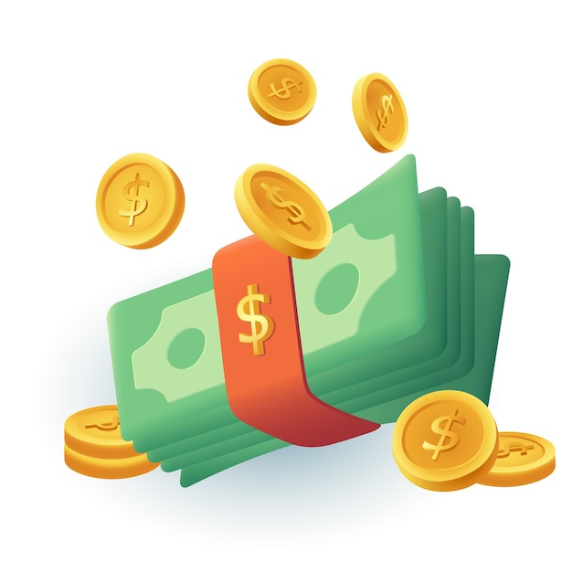 Pilha de dinheiro e moedas de ouro 3d ícone de estilo de desenho animado. Moedas com cifrão, maço de dinheiro, ilustração vetorial plana de moeda. Riqueza, investimento, sucesso, poupança, economia, conceito de lucro