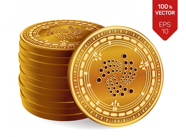 Pilha de moedas de ouro com o símbolo de iota, isolado no fundo branco.