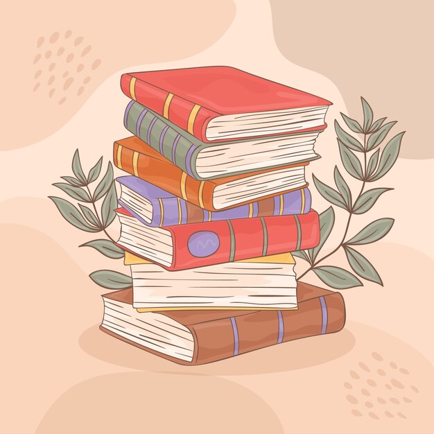 Pilha plana desenhada à mão de livros