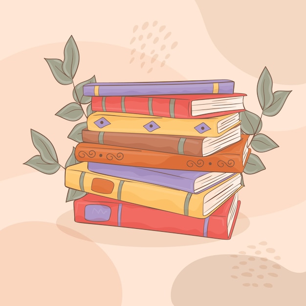 Pilha plana desenhada à mão de livros