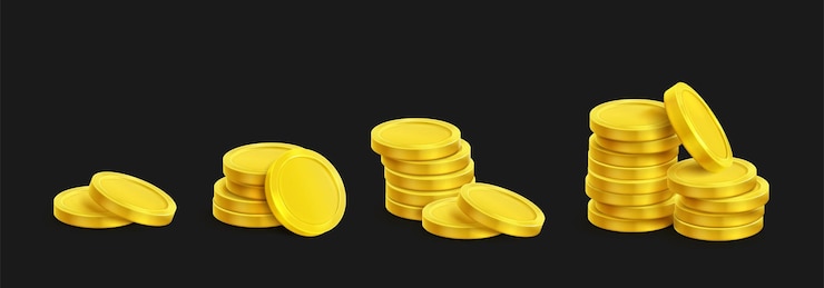 Vetor grátis pilhas 3d de moedas de ouro em fundo preto