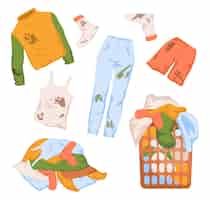 Vetor grátis pilhas de conjunto de ilustração de roupas limpas e sujas. lama e sujeira em jeans, meias, camiseta, shorts e suéter