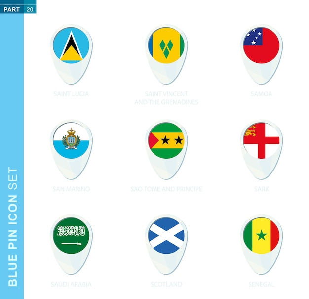 Pin conjunto de bandeira, ícone de localização do mapa em cores azuis com bandeira de santa lúcia, são vicente e granadinas, samoa, são marino, são tomé e príncipe, sark, arábia saudita, escócia, senegal