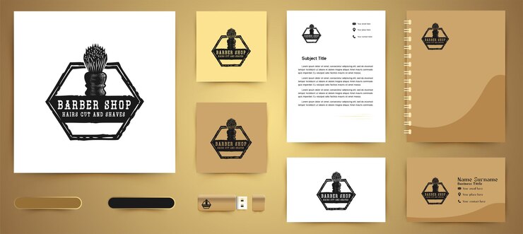 Vetor grátis pincel de barbear, logotipo de barbearia desenhado à mão modelo de pacote de marca comercial desenhos inspiração isolado no fundo branco