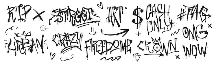 Vetor grátis pintura a spray com tags pretos, slogan ou fontes grunge com efeito de graffiti