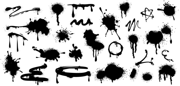 Vetor grátis pintura a spray preta gotea manchas de tinta linhas e salpicos de tinta com efeito de graffiti