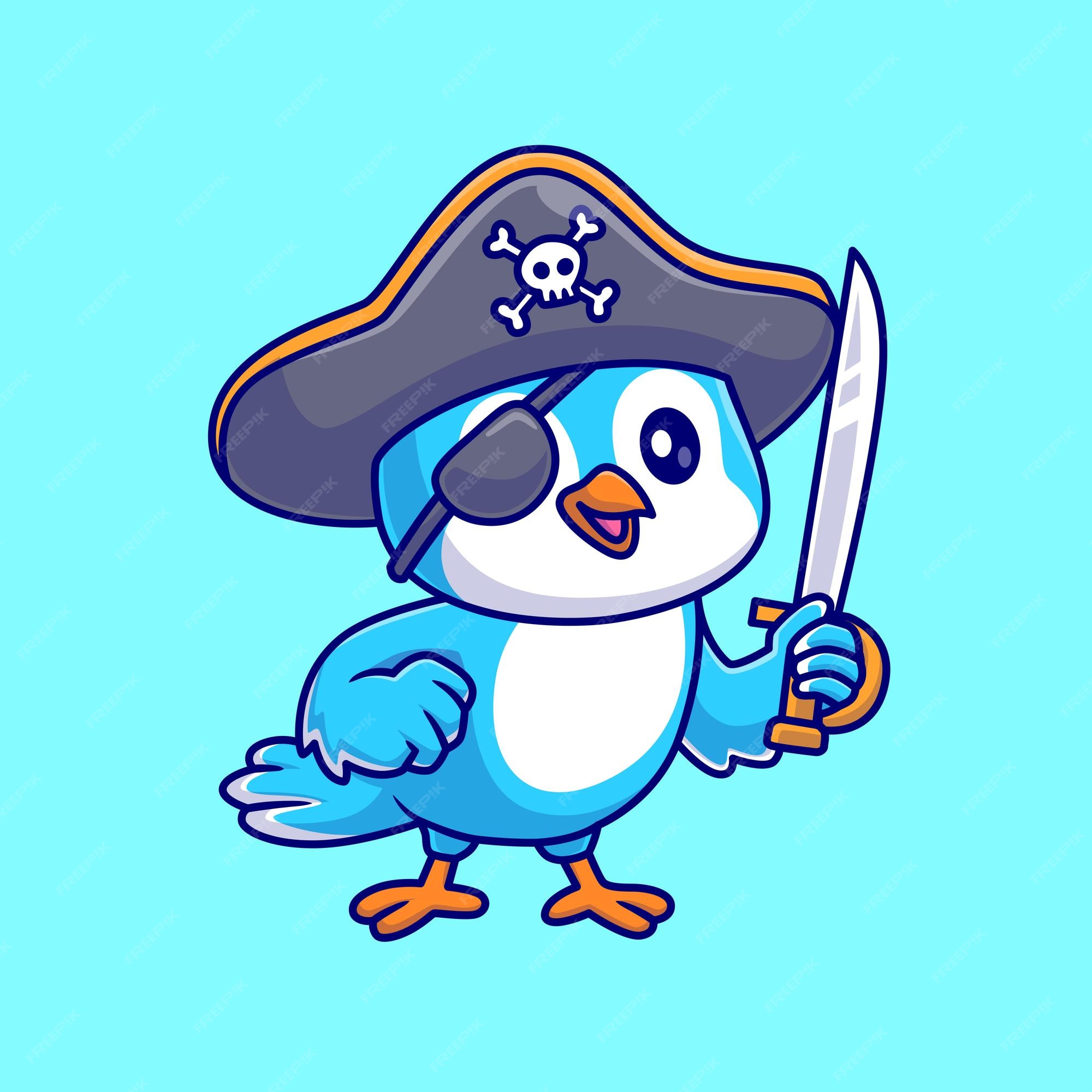 Pirata de pássaro bonito segurando a espada dos desenhos animados  ilustração do ícone do vetor. animal holiday icon isolado plano