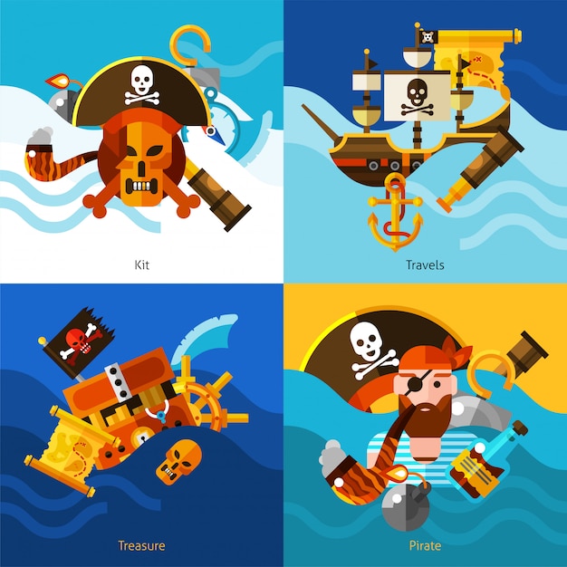 Vetor grátis piratas 2x2 design concept set