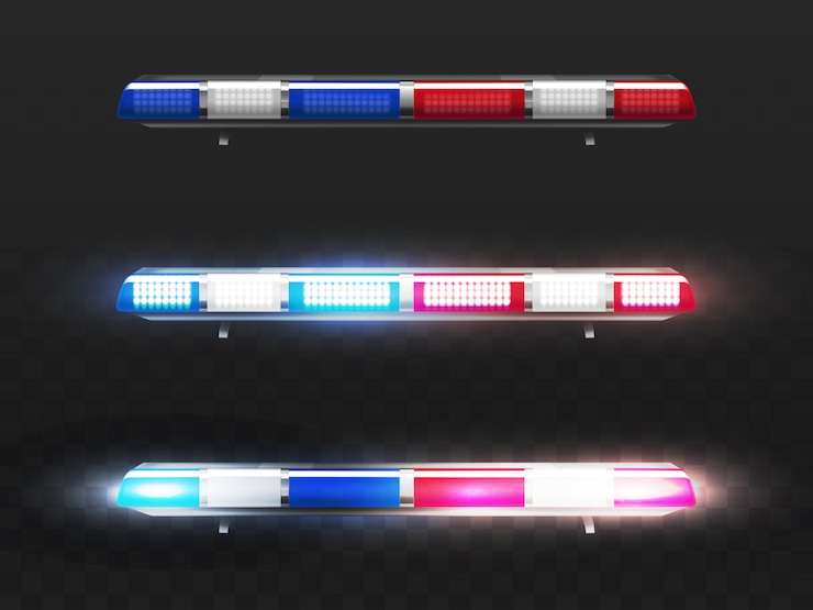Vetor grátis pisca-pisca conduzido vermelho e azul realístico 3d para o carro de polícia. sinal de serviço municipal com lâmpadas.