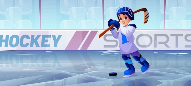 Pista de gelo de hóquei com jogador de capacete e patins. Ilustração de desenho vetorial do estádio de esporte público com campo de gelo, bancos e criança com disco e taco de hóquei