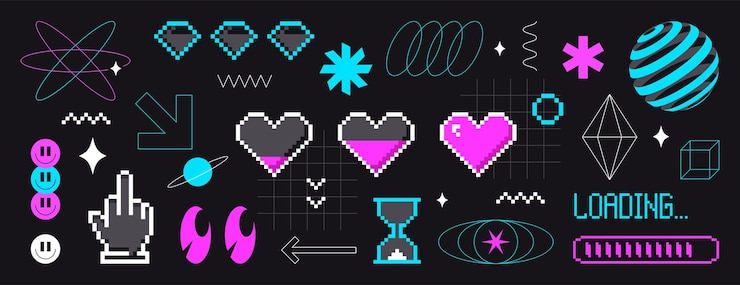Vetor grátis pixel art flechas sorrisos corações de amor figuras abstratas geométricas e elementos futuristas retro rave