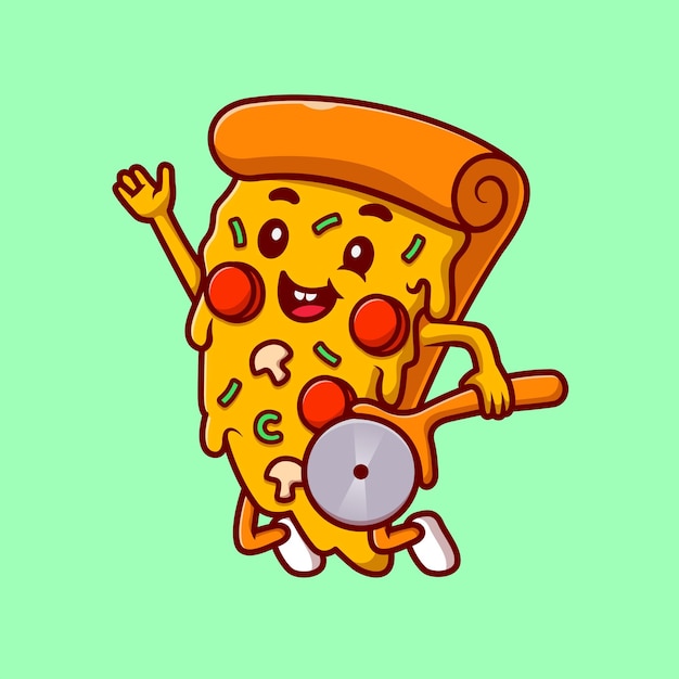 Pizza bonita segurando cortador de pizza desenhos animados vector ícone ilustração conceito de ícone de feriado de comida isolado