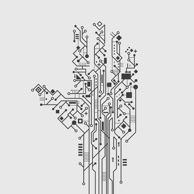 Placa de circuito de computador na mão forma criativa tecnologia cartaz ilustração vetorial