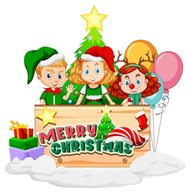 Placa de feliz natal com crianças em trajes de natal