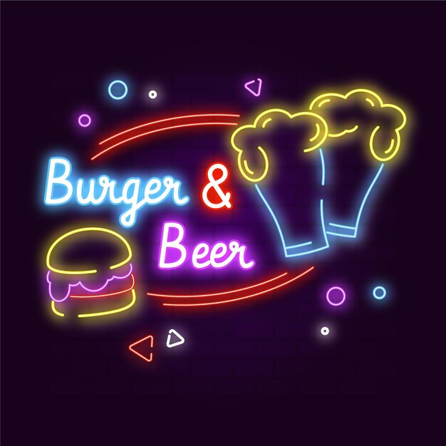 Placa de hambúrguer e cerveja neon
