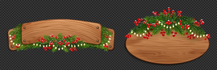 Vetor grátis placa de madeira de natal com abeto e bagas vermelhas