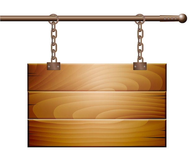 Placa de madeira vazia placa pendurada em uma corrente isolada em branco. ilustração vetorial