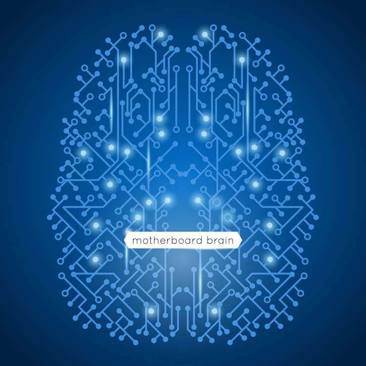 Vetor grátis placa-mãe de circuito de computador em tecnologia de forma de cérebro e ilustração em vetor conceito inteligência artificial