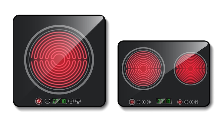 Vetor grátis placas de cozedura pretas realistas ou painéis de cozedura em vitrocerâmica, placas com um e dois hea