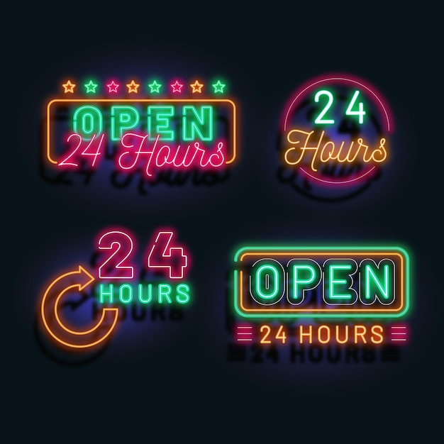 Placas de néon coloridas abertas 24 horas