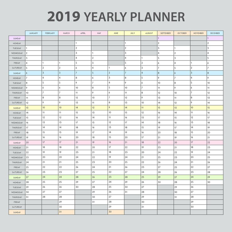 Vetor grátis planejador anual 2019 modelo imprimível realista para calendário de visão geral do gerenciamento de tarefas de compromissos de escritório