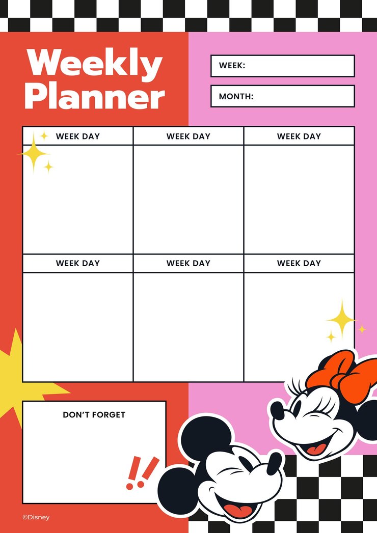 Vetor grátis planejador semanal do mickey e da minnie mouse