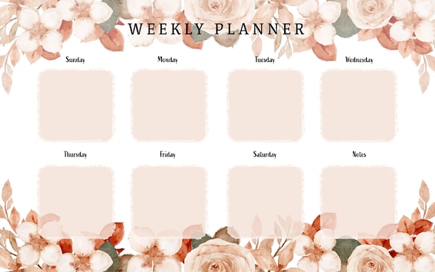 Planejador semanal vintage com fundo floral aquarela rústico