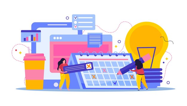 Planejando e agendando a composição plana com pessoas fazendo marcas de cruz nas janelas do computador do calendário e ilustração da lâmpada