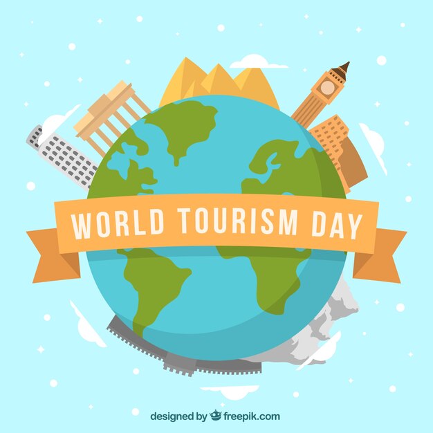 Planeta terra com monumentos, dia mundial do turismo
