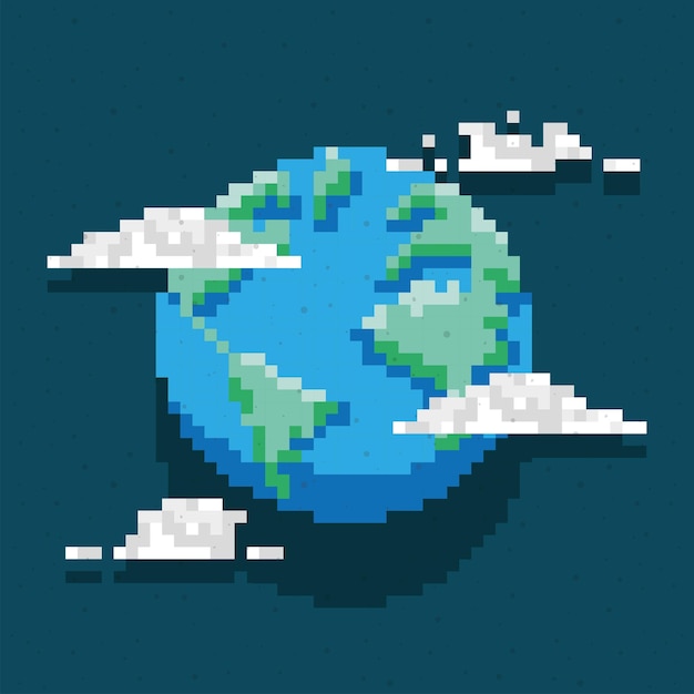 Vetor grátis planeta terra pixelizada e nuvens