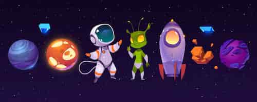 Vetor grátis planetas alienígenas, astronauta, extraterrestre engraçado e foguete