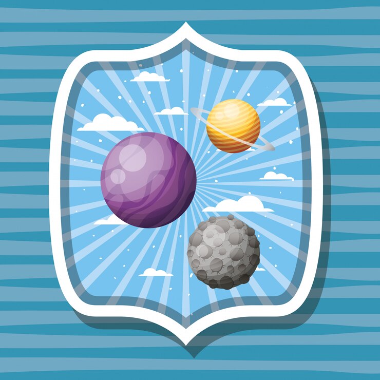Vetor grátis planetas do espaço e lua sobre rótulo listrado