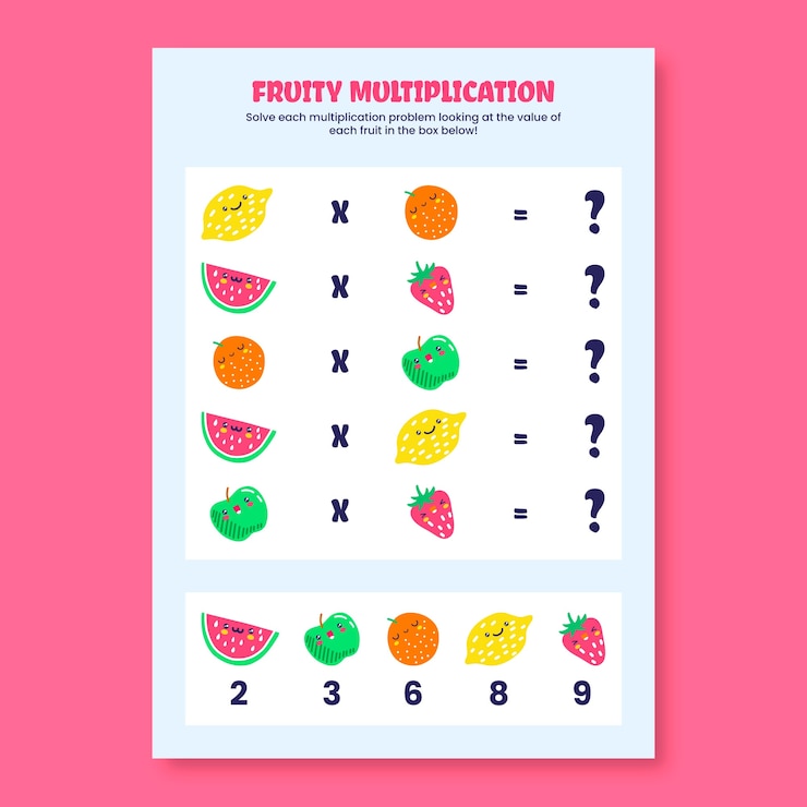 Vetor grátis planilha de multiplicação de frutas coloridas