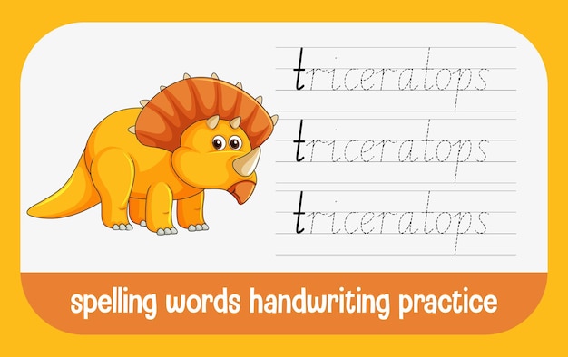 Planilha de prática de escrita à mão de dinossauro para soletrar palavras