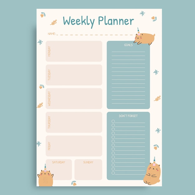 Vetor grátis planner semanal adorável pastel fofo