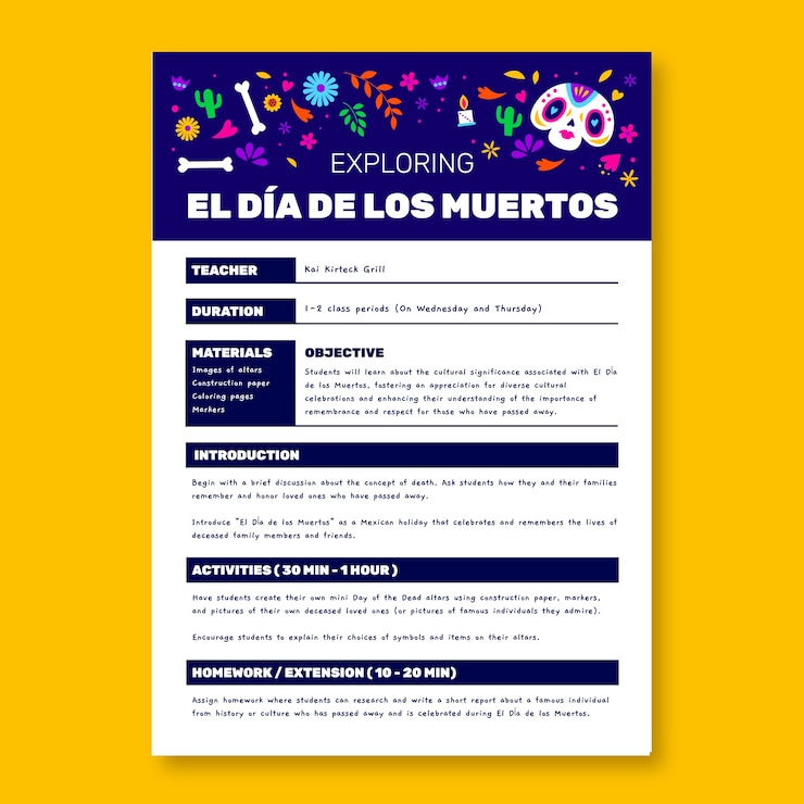 Vetor grátis plano de aula infantil do dia de muertos