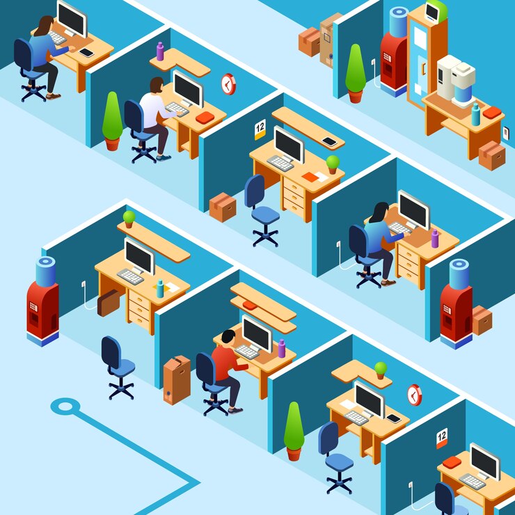 Vetor grátis plano de escritório cubículo, coworking com funcionários de trabalho, funcionários em seus locais de trabalho.