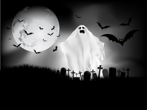 Plano de fundo assustador de Halloween com fantasma no cemitério