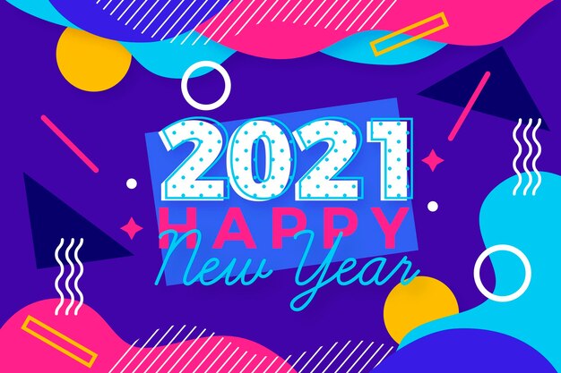 Plano de fundo de ano novo 2021 de design plano em estilo memphis